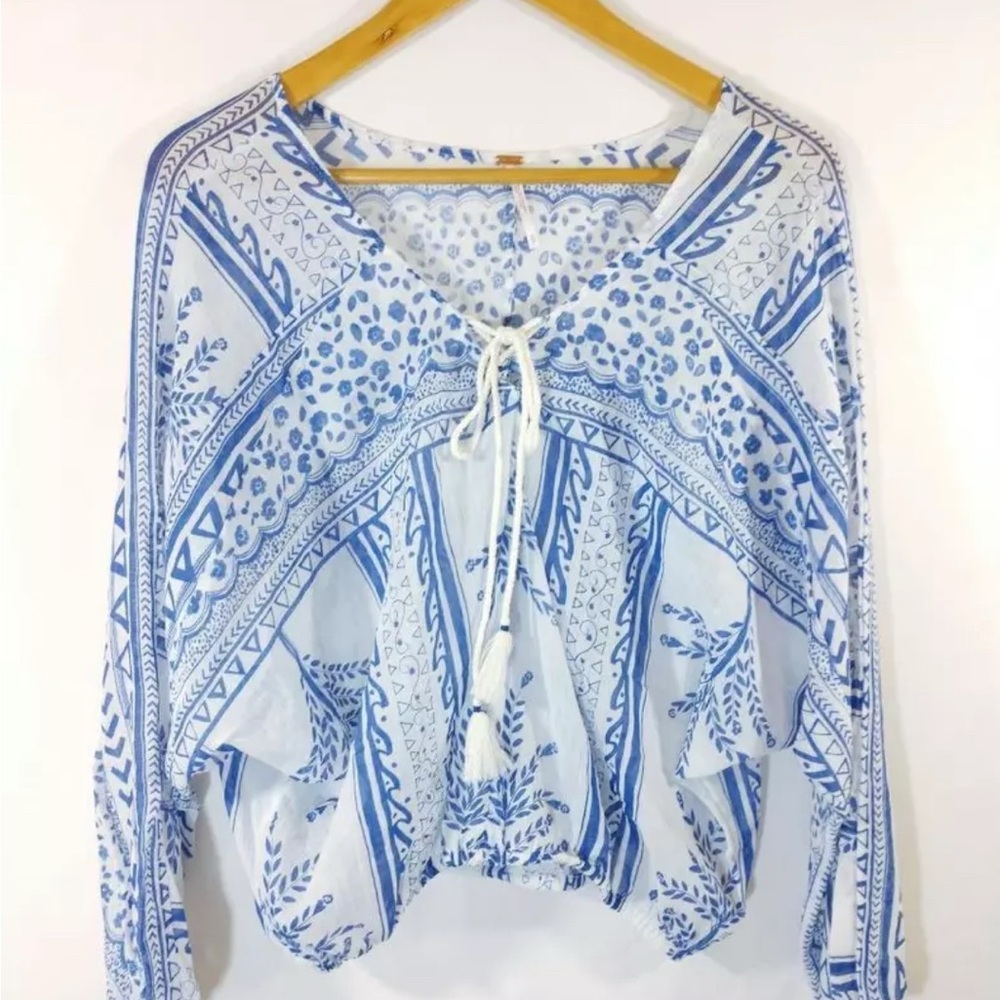 Free People Yo Yo Geo Blue and White Peasant Top